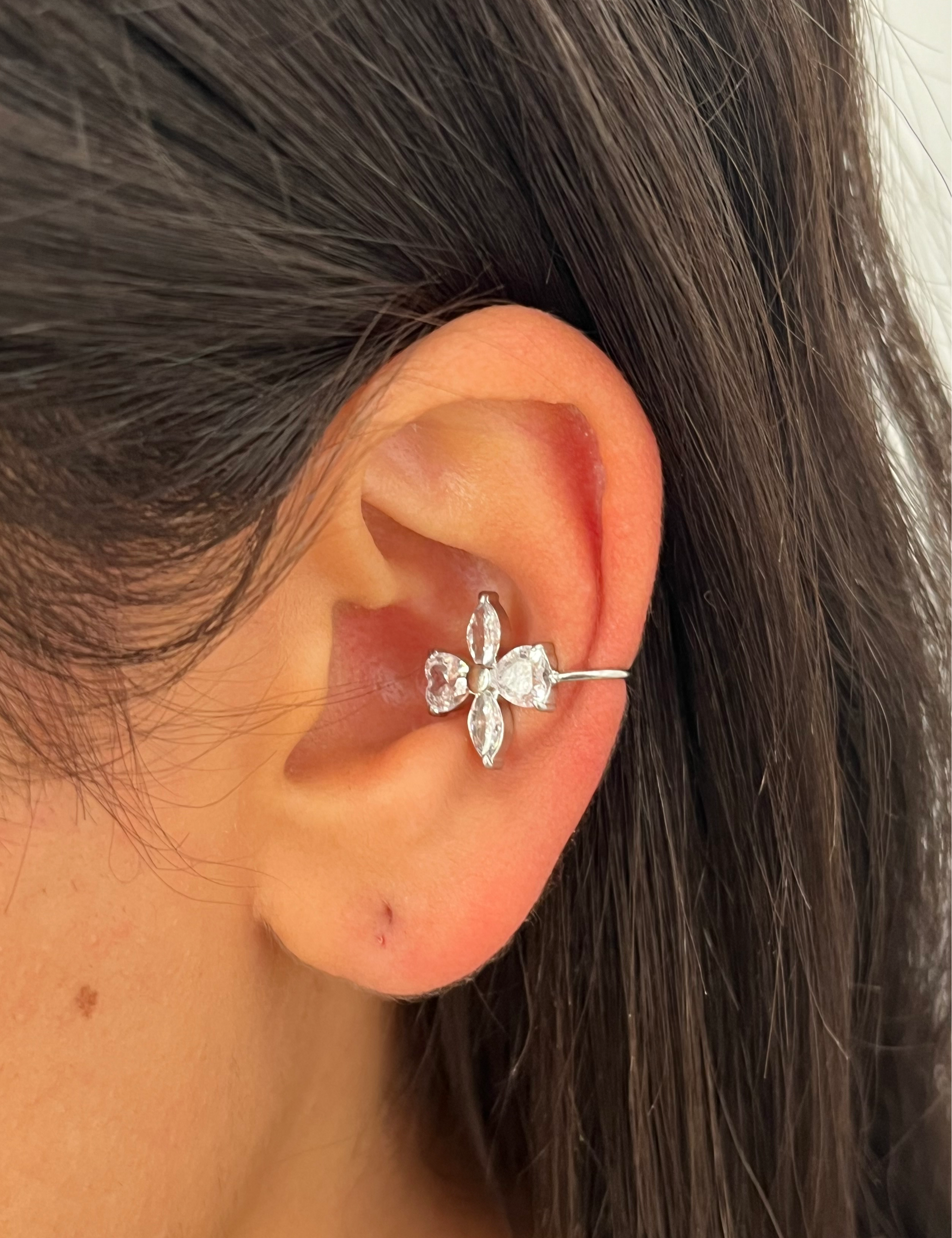 Faux cartilage argenté ajustable style floral pour femme - Ordiajade