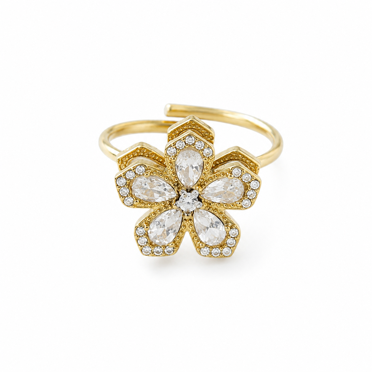 Bague SAGA anti-stress dorée en forme de fleur avec plateau rotatif, en acier inoxydable