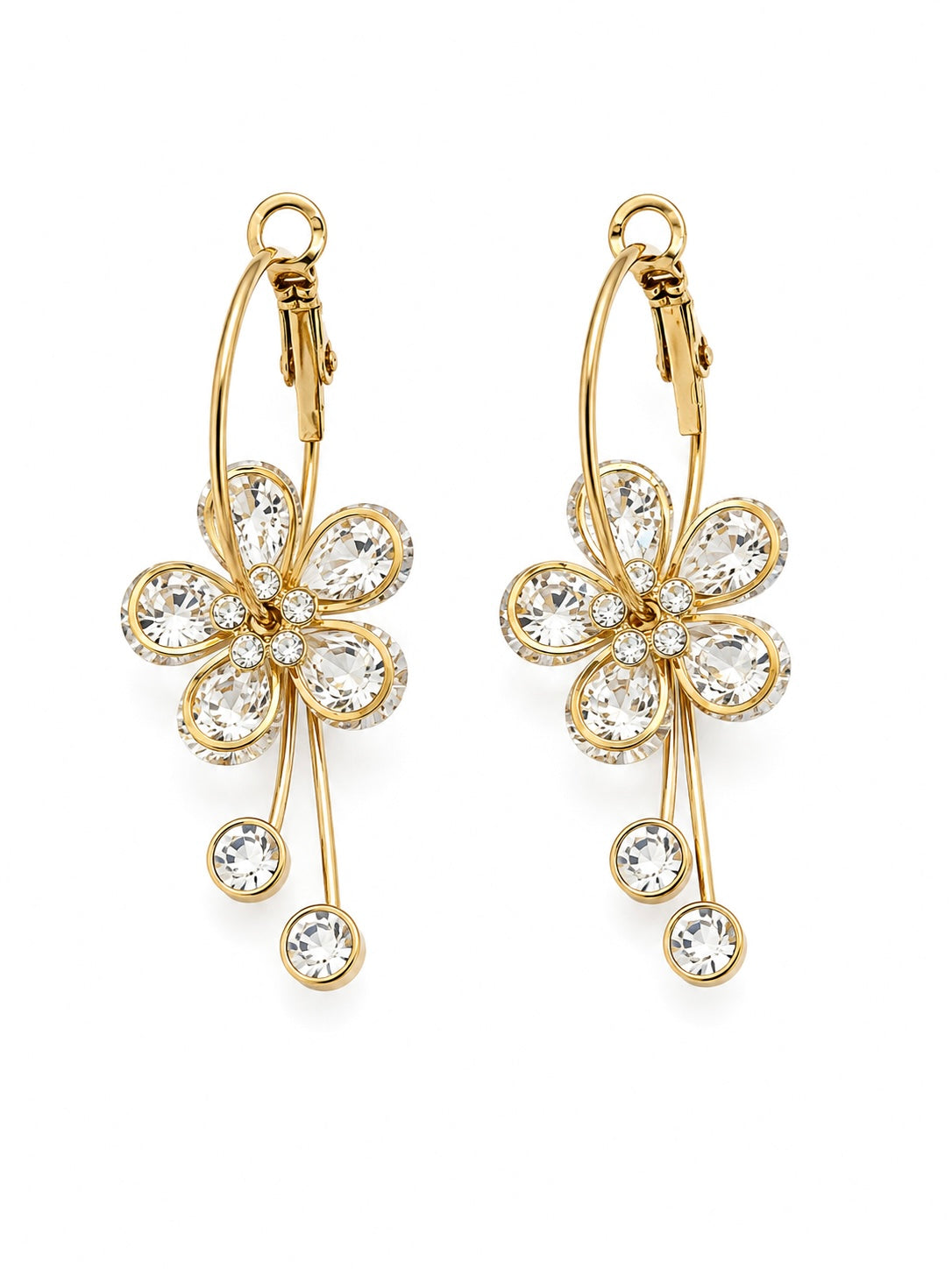 Boucles d'oreilles Fleurs créoles revisitées en acier inoxydable doré avec strass Ordiajade