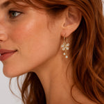 Boucles d'oreilles Fleurs dorées à strass portées par une femme, style élégant Ordiajade