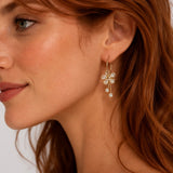 Boucles d'oreilles Fleurs dorées à strass portées par une femme, style élégant Ordiajade