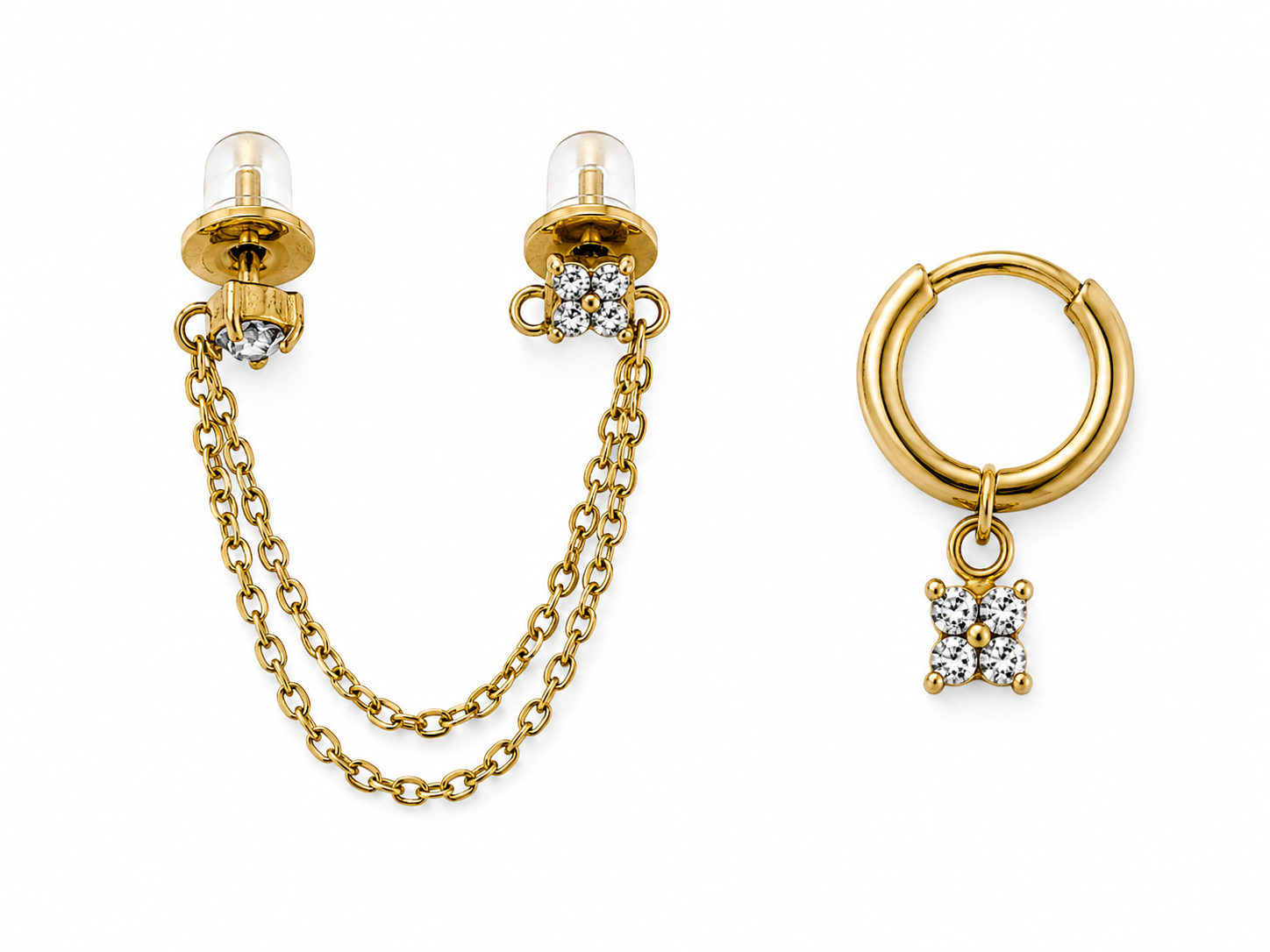 Set de boucles d'oreilles asymétriques SAYEN en acier inoxydable doré avec créole et double puce à chaîne - Ordiajade