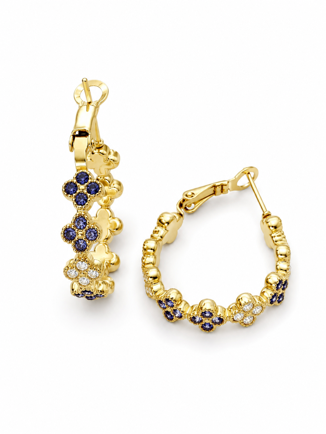 Boucles d'oreilles créoles Violette en acier inoxydable doré avec petites fleurs suspendues or- Ordiajade