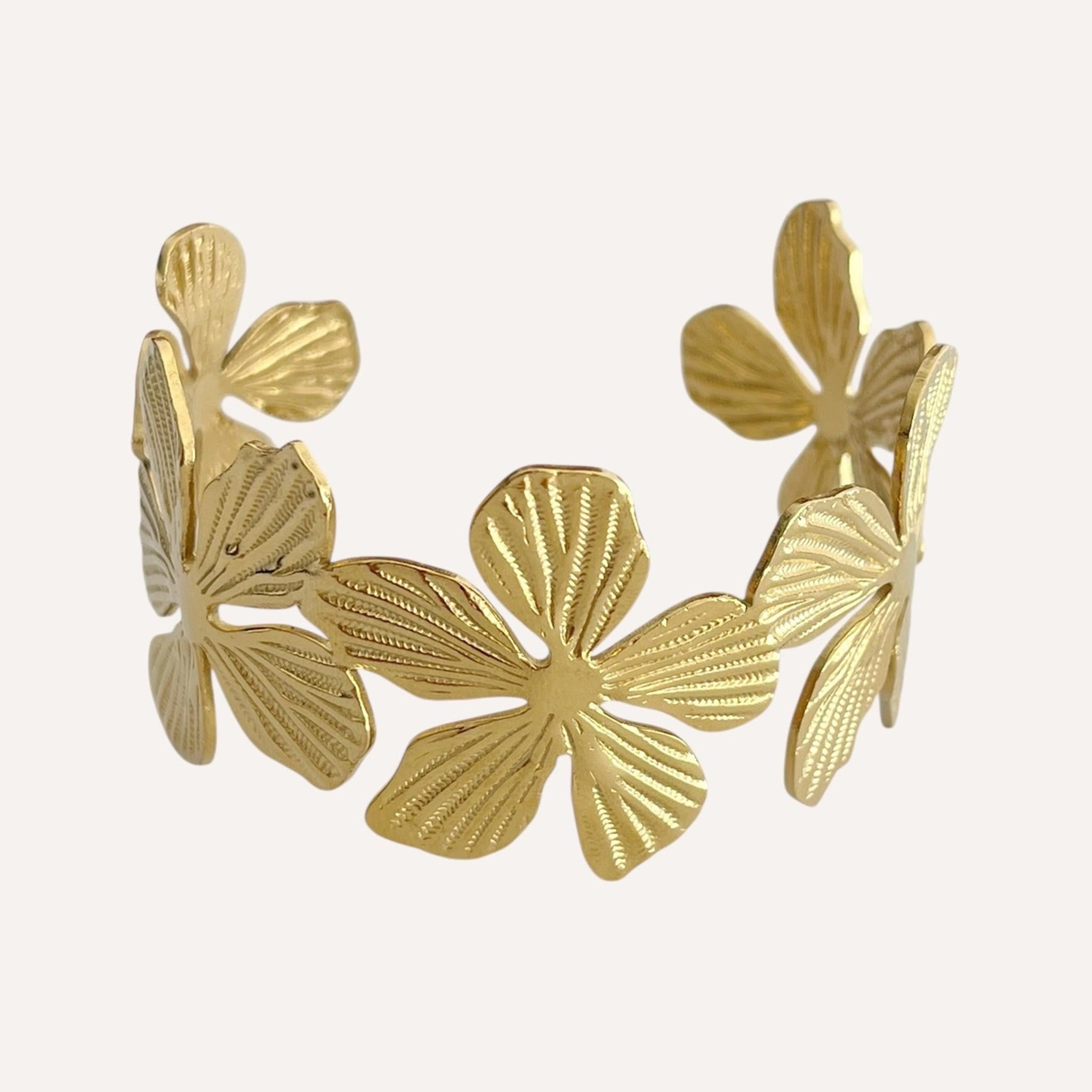 Bracelet jonc Begonia en acier inoxydable doré à fleurs texturées en relief - Ordiajade