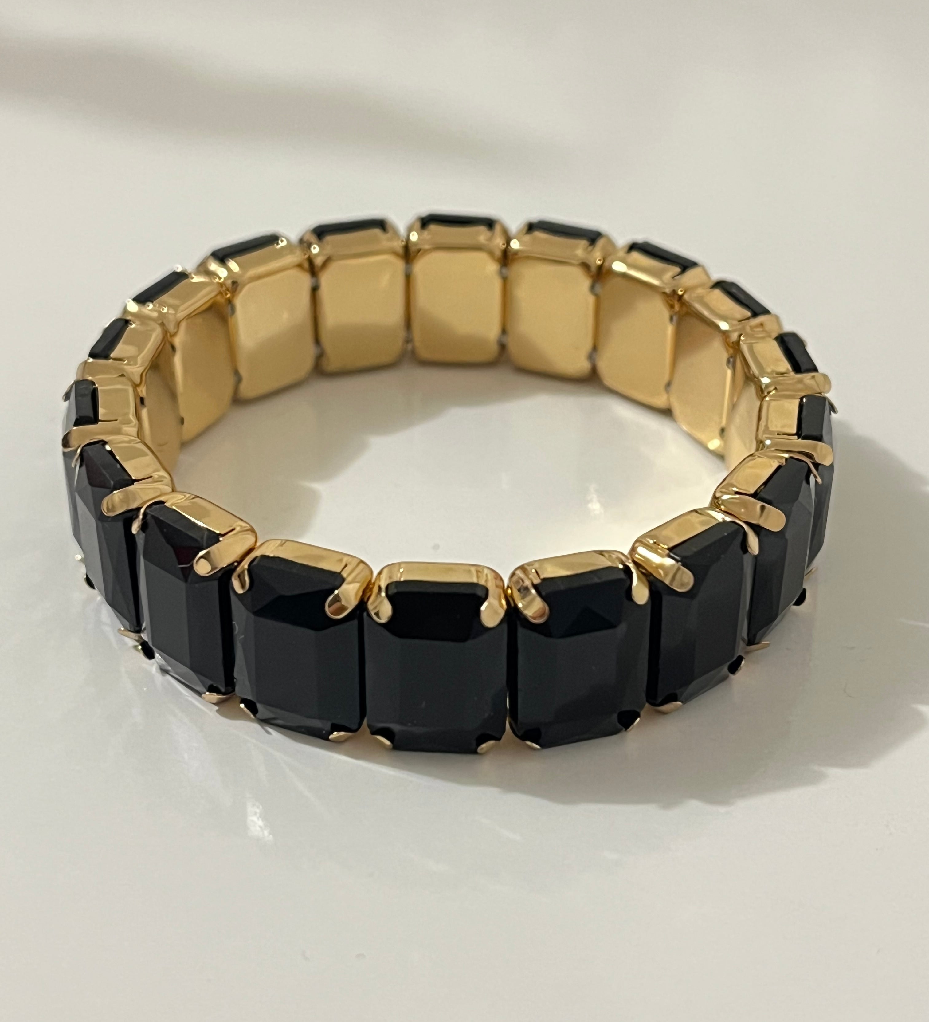 Bracelet élastique Black Swan doré à pierres noires rectangulaires - Ordiajade