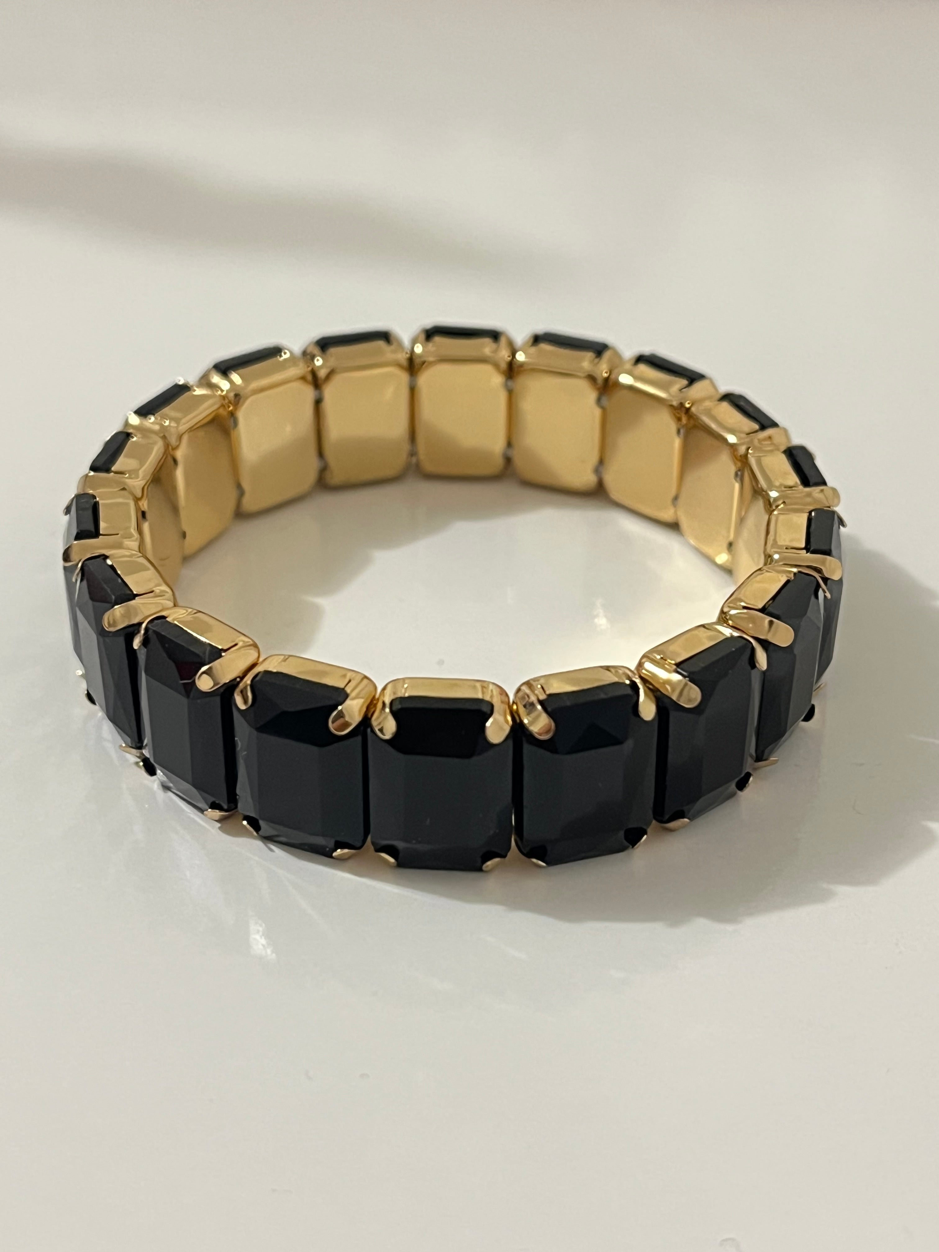 Bracelet élastique Black Swan doré à pierres noires rectangulaires - Ordiajade