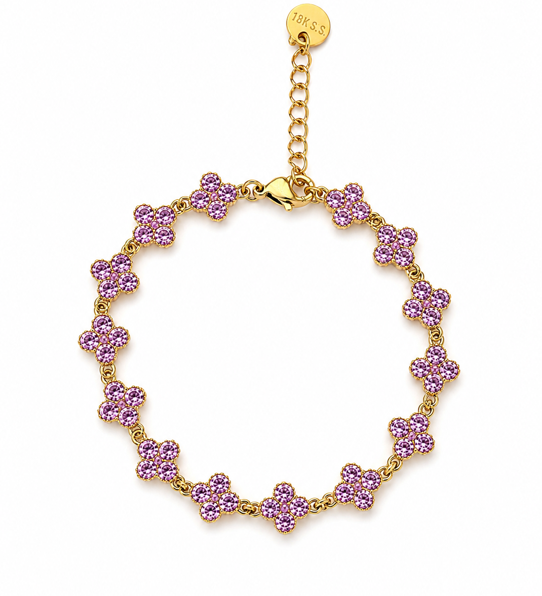 Bracelet fin doré Coraline en acier inoxydable serti de petites perles roses facettées disposé en cercle - Ordiajade
