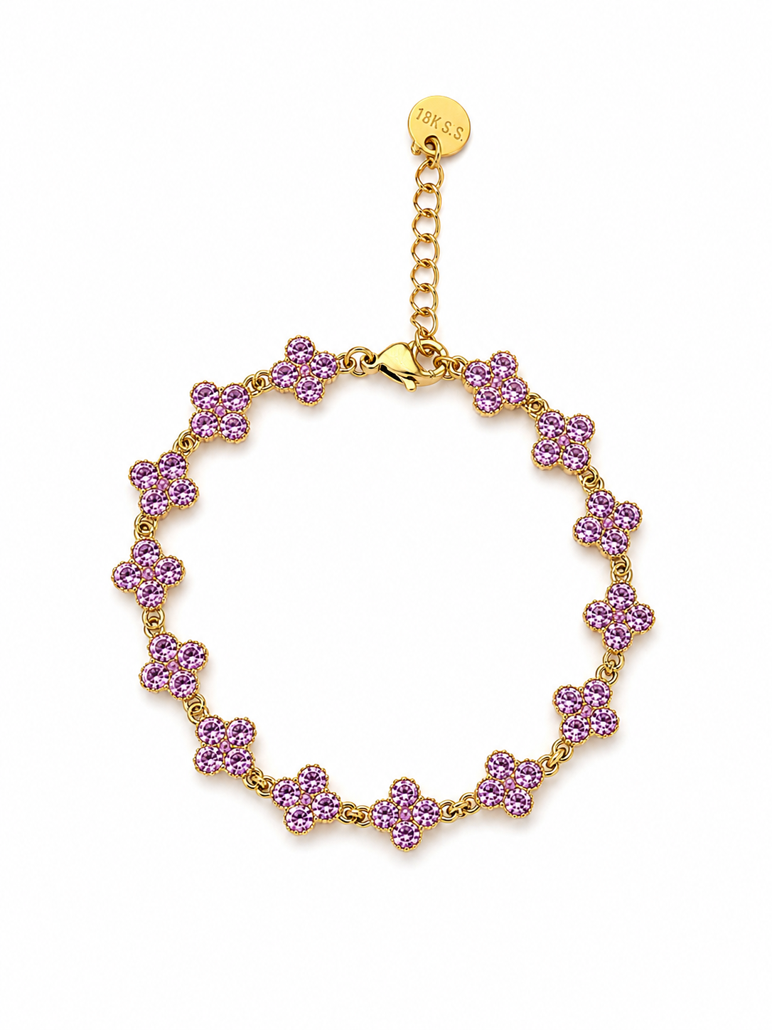 Bracelet fin doré Coraline en acier inoxydable serti de petites perles roses facettées disposé en cercle - Ordiajade