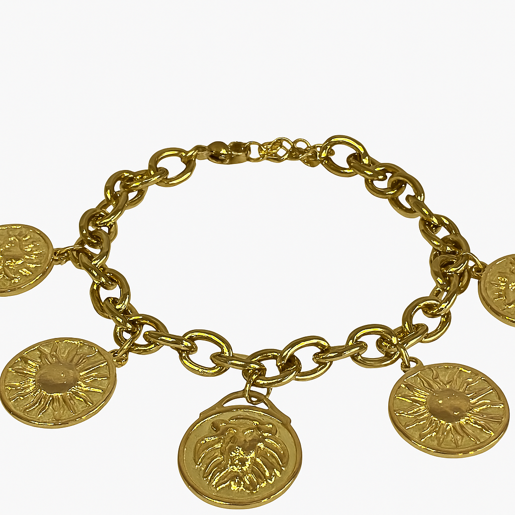 Bracelet Déesse doré à maillons et médaillons gravés en acier inoxydable - Ordiajade