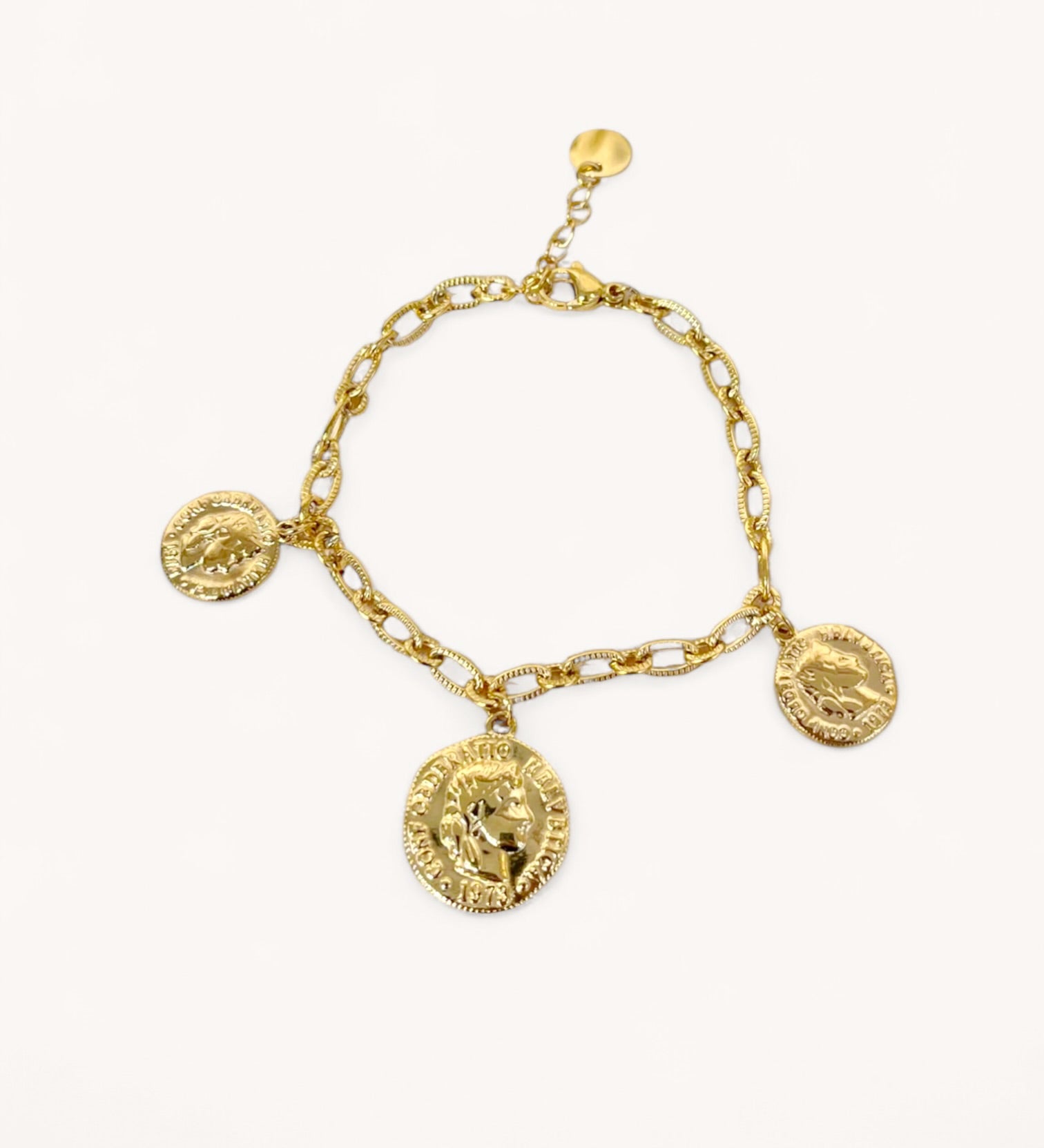 Bracelet Empire doré à maillons et charms pièces gravées en acier inoxydable - Ordiajade