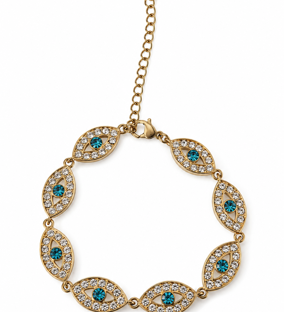 Bracelet Eye Blue doré en acier inoxydable avec motifs d'yeux protecteurs - Ordiajade