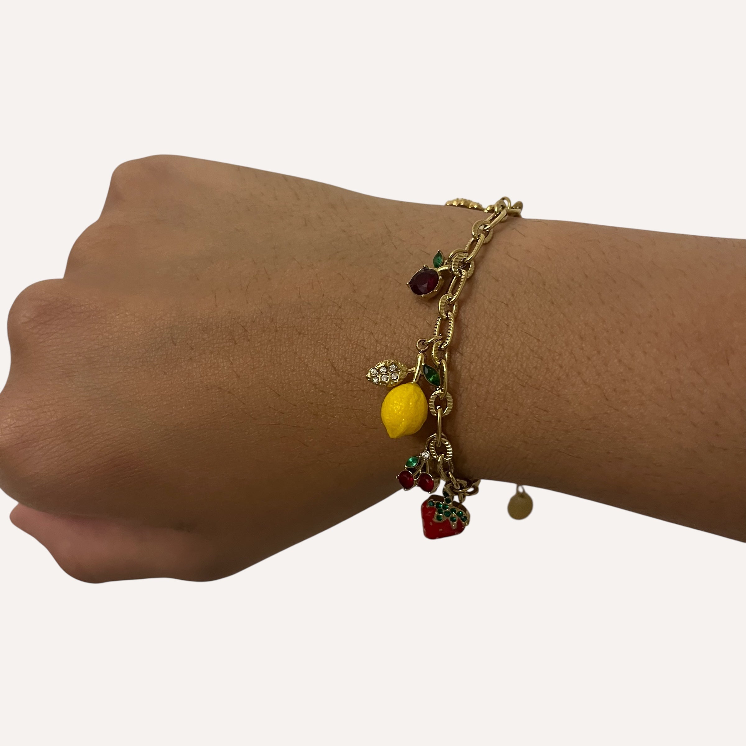 Bracelet Lila à breloques fruits colorés en acier inoxydable porté au poignet - Ordiajade
