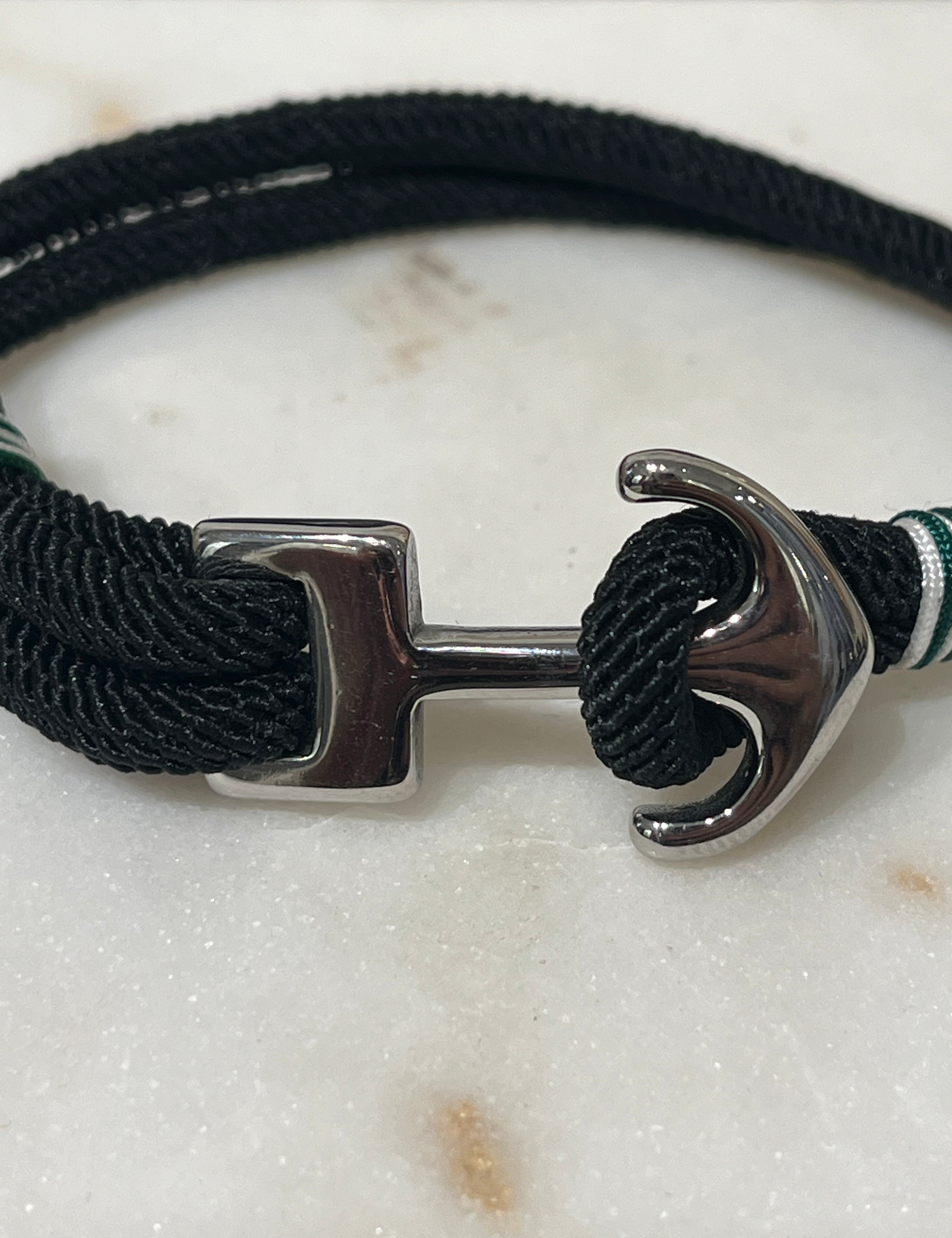 Bracelet marin pour homme avec fermoir ancre en acier inoxydable sur lien en tissu noir - Ordiajade