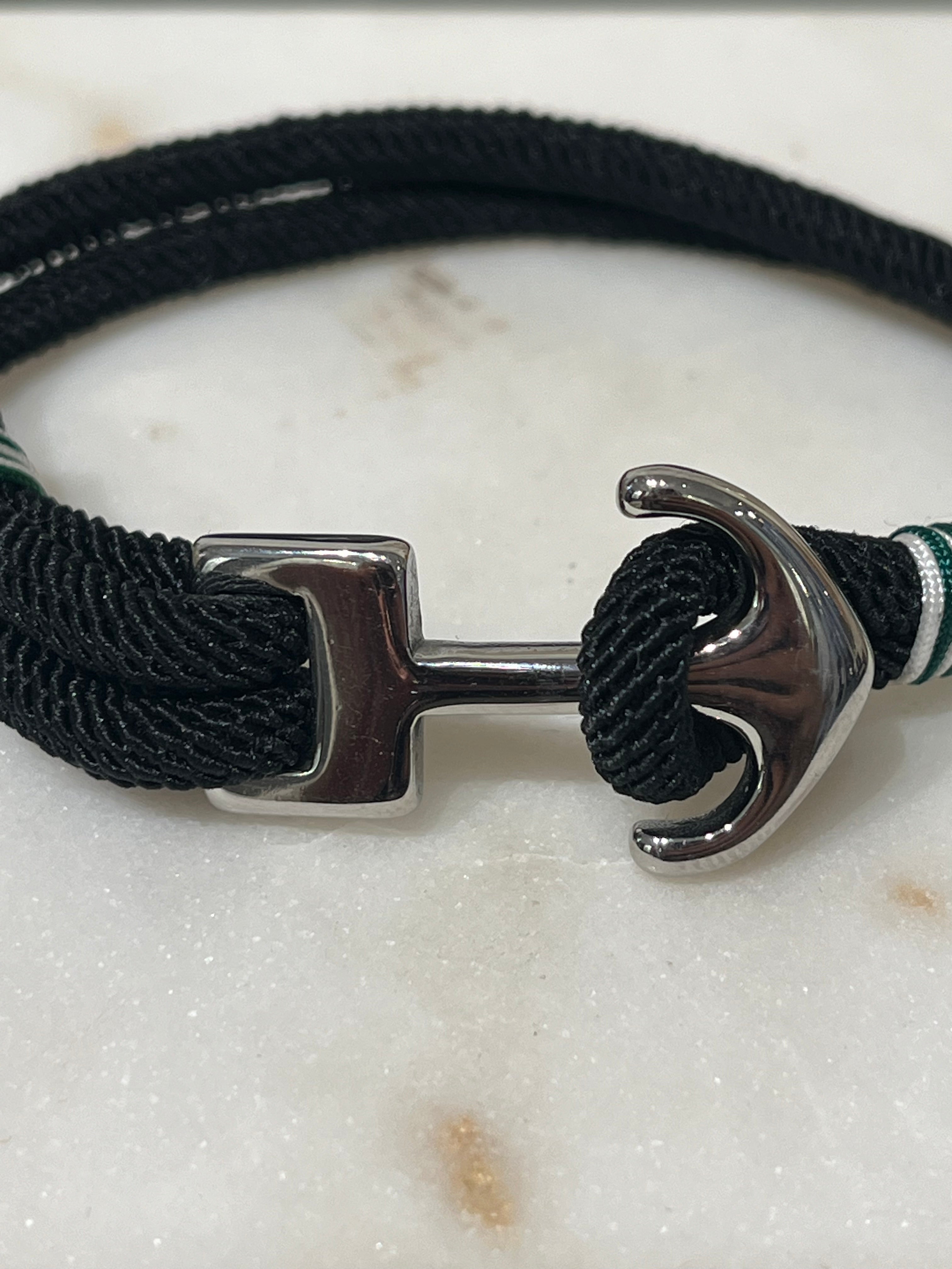 Bracelet marin pour homme avec fermoir ancre en acier inoxydable sur lien en tissu noir - Ordiajade