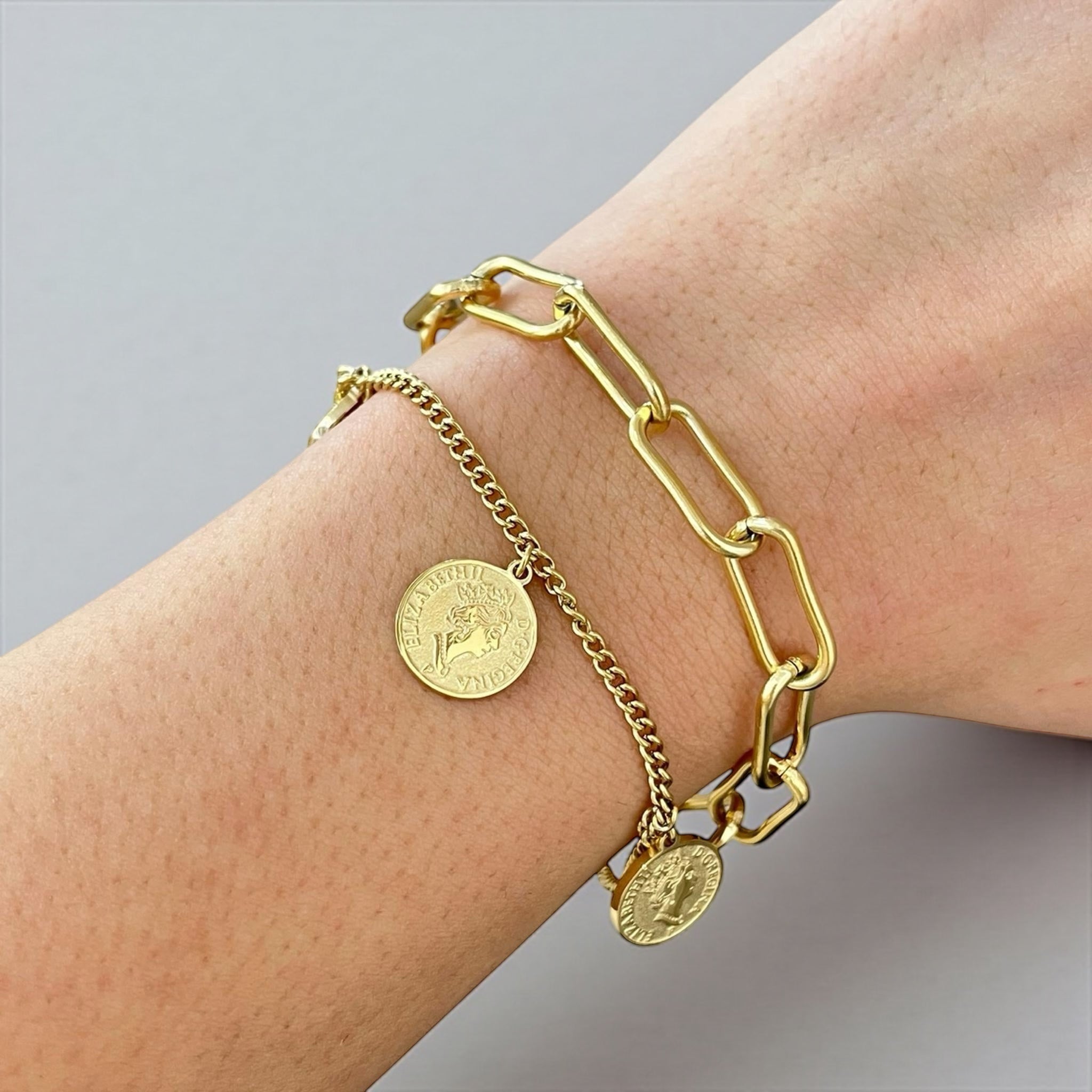 Bracelet Pièce d'Or double rang à maillons et médaillettes gravées en acier inoxydable - Ordiajade