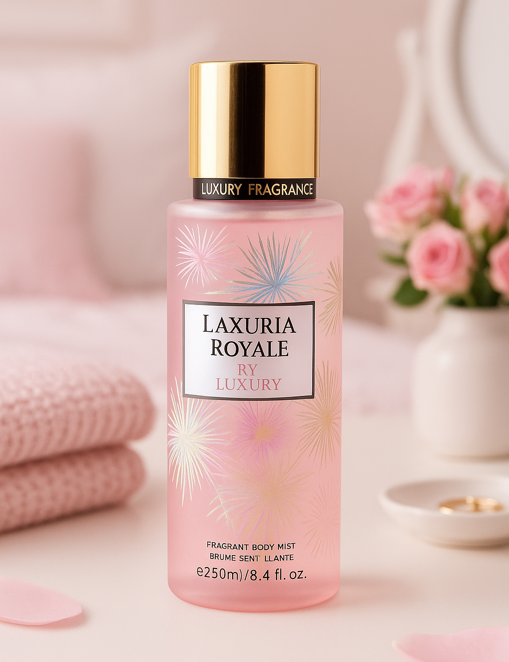 Brume corporelle Laxuria Royale 250ml dans son décor - Ordiajade