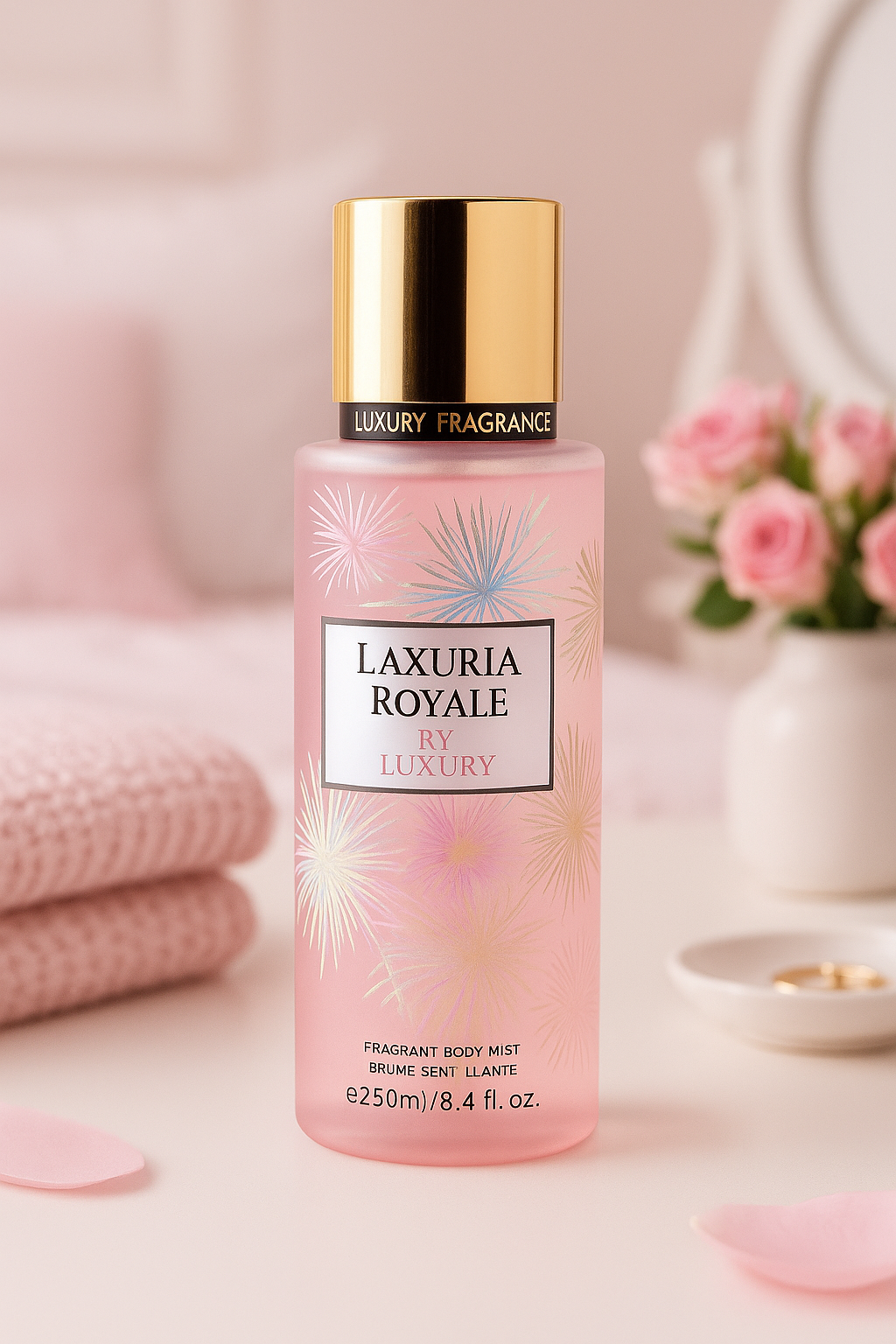 Brume corporelle Laxuria Royale 250ml dans son décor - Ordiajade