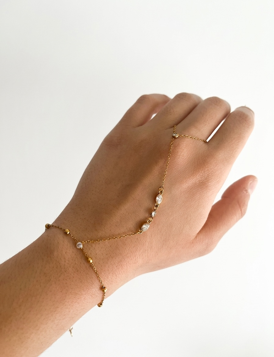 Chaîne de main Beauty en acier inoxydable doré portée sur la main - Ordiajade