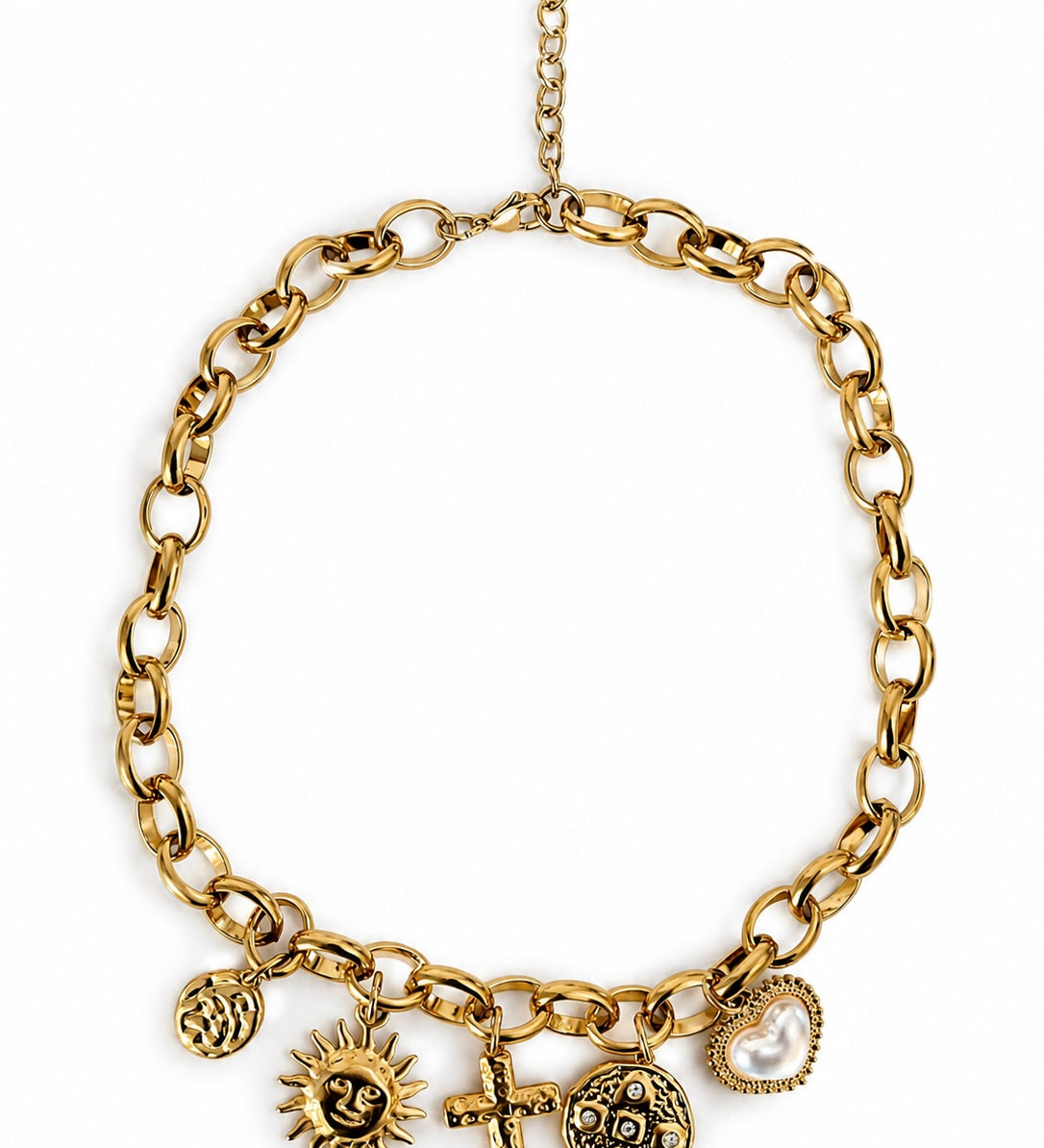 Collier à charms grigris et médailles en acier inoxydable doré - Ordiajade