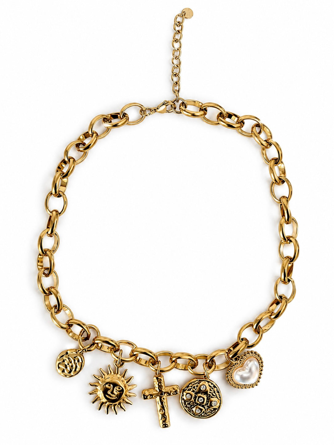 Collier à charms grigris et médailles en acier inoxydable doré - Ordiajade