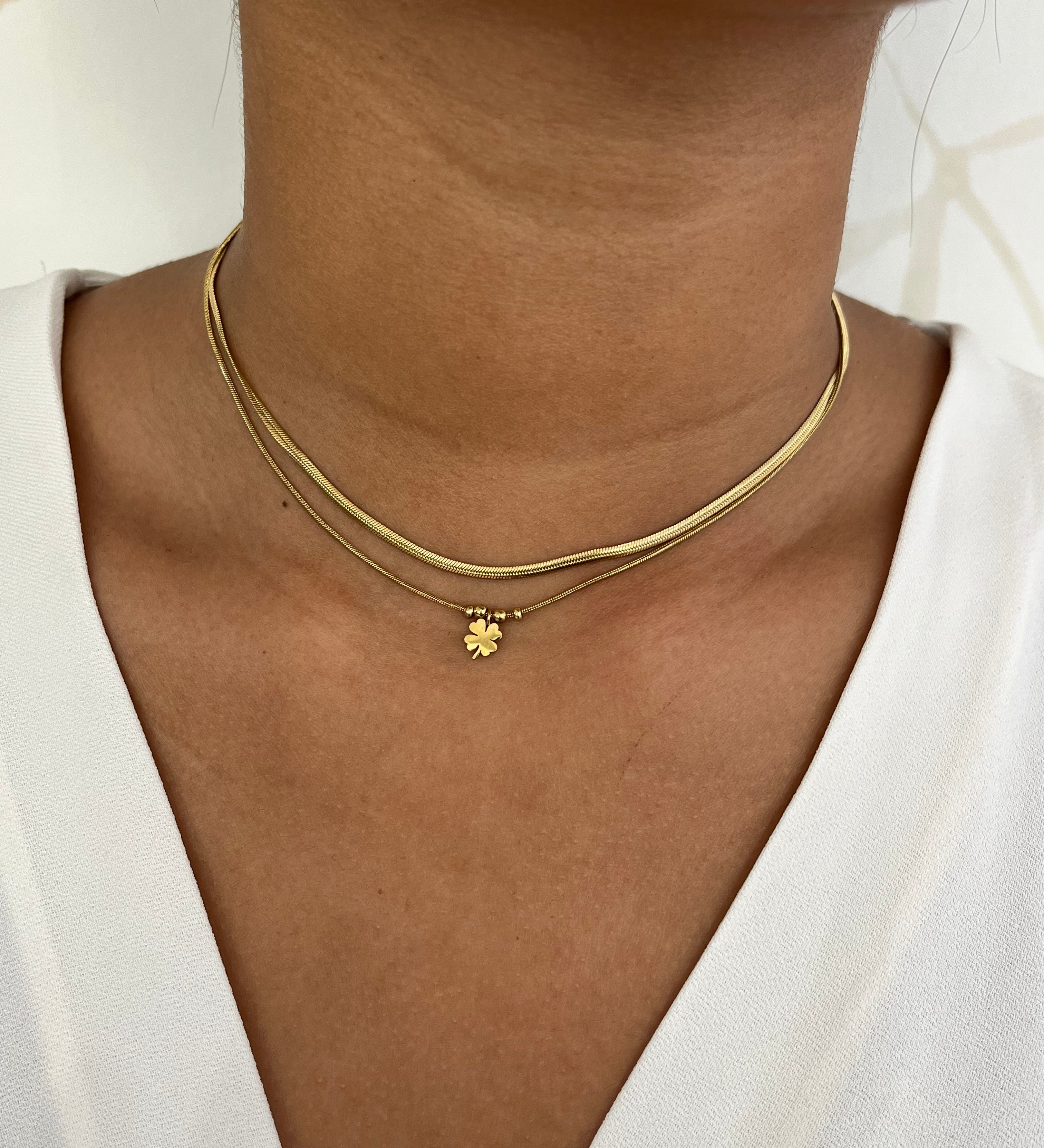 Collier Clara double rang doré en acier inoxydable avec maille serpent et pampille trèfle - Ordiajade