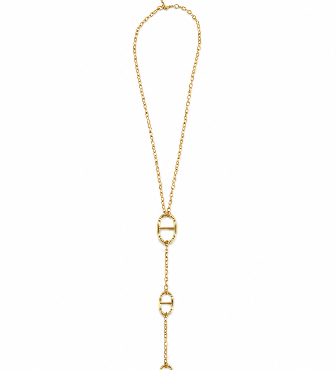 Collier style cravate Lutece doré en acier inoxydable avec design de maillons marine suspendus posé à plat - Ordiajade
