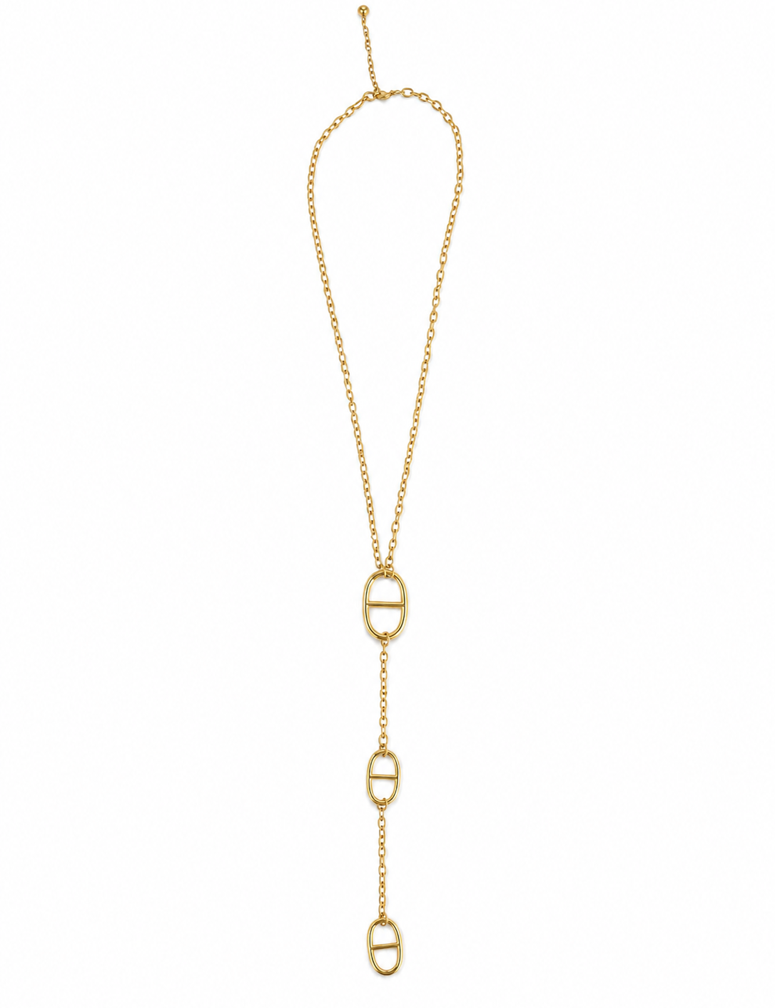 Collier style cravate Lutece doré en acier inoxydable avec design de maillons marine suspendus posé à plat - Ordiajade