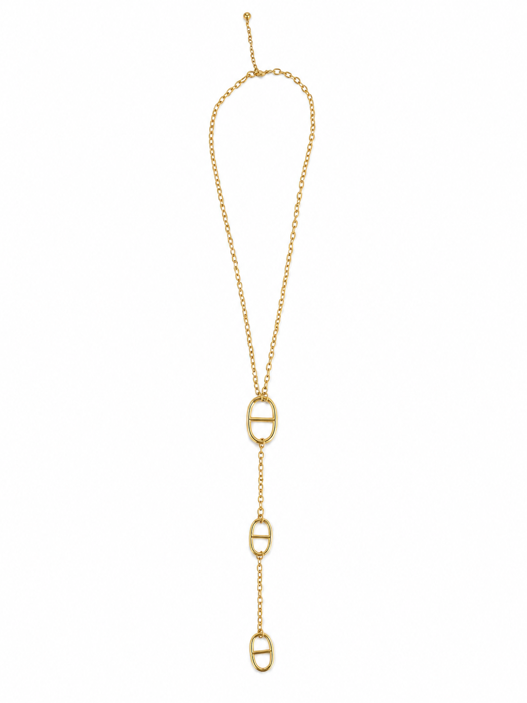 Collier style cravate Lutece doré en acier inoxydable avec design de maillons marine suspendus posé à plat - Ordiajade