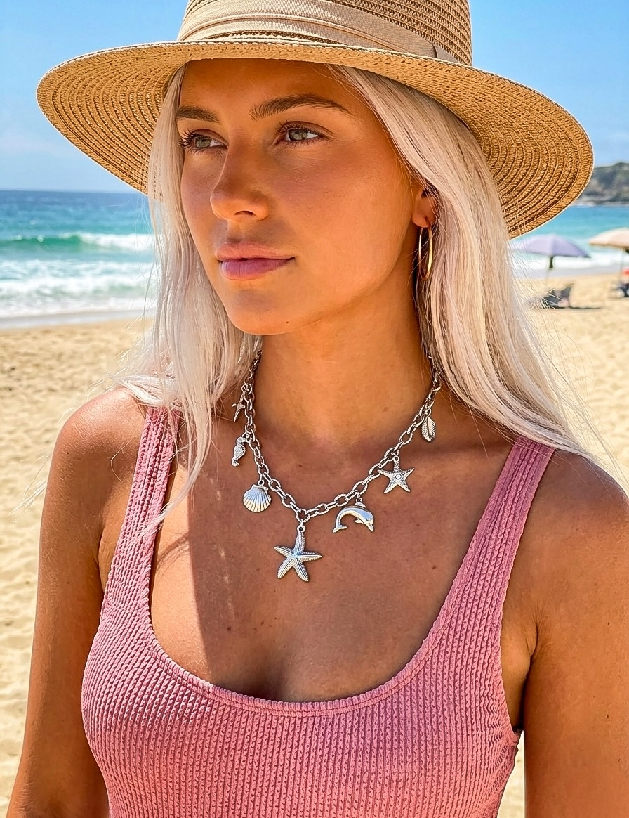 Mannequin portant le collier Dauphin argenté sur fond de plage - Ordiajade
