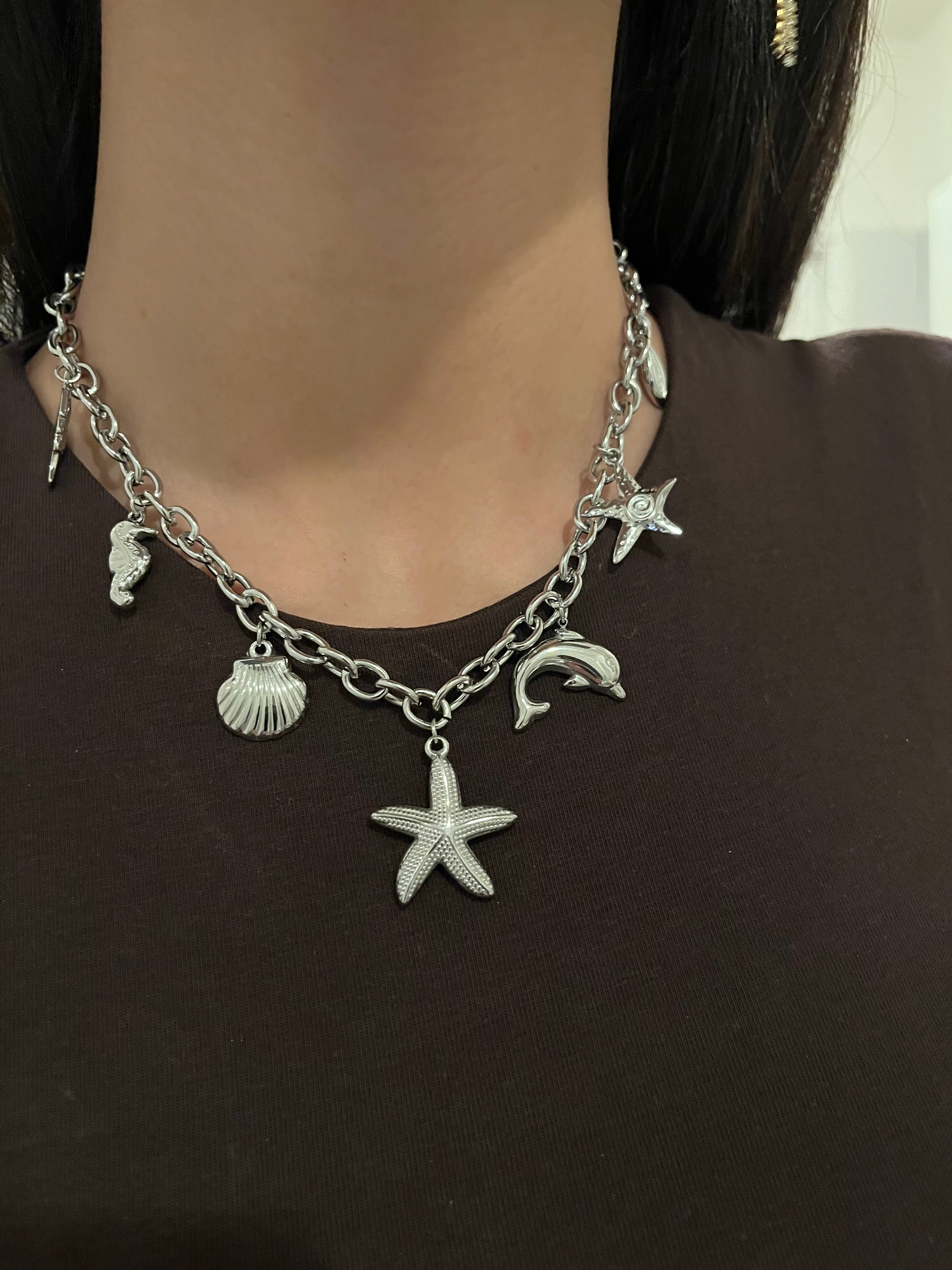 Détail du collier Dauphin en acier inoxydable argenté - Ordiajade