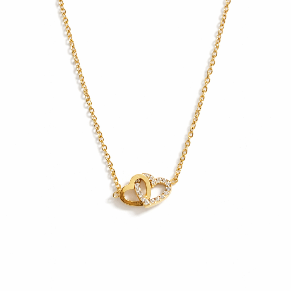 Collier Double Heart doré en acier inoxydable avec deux cœurs entrelacés – bijou femme ajustable Ordiajade