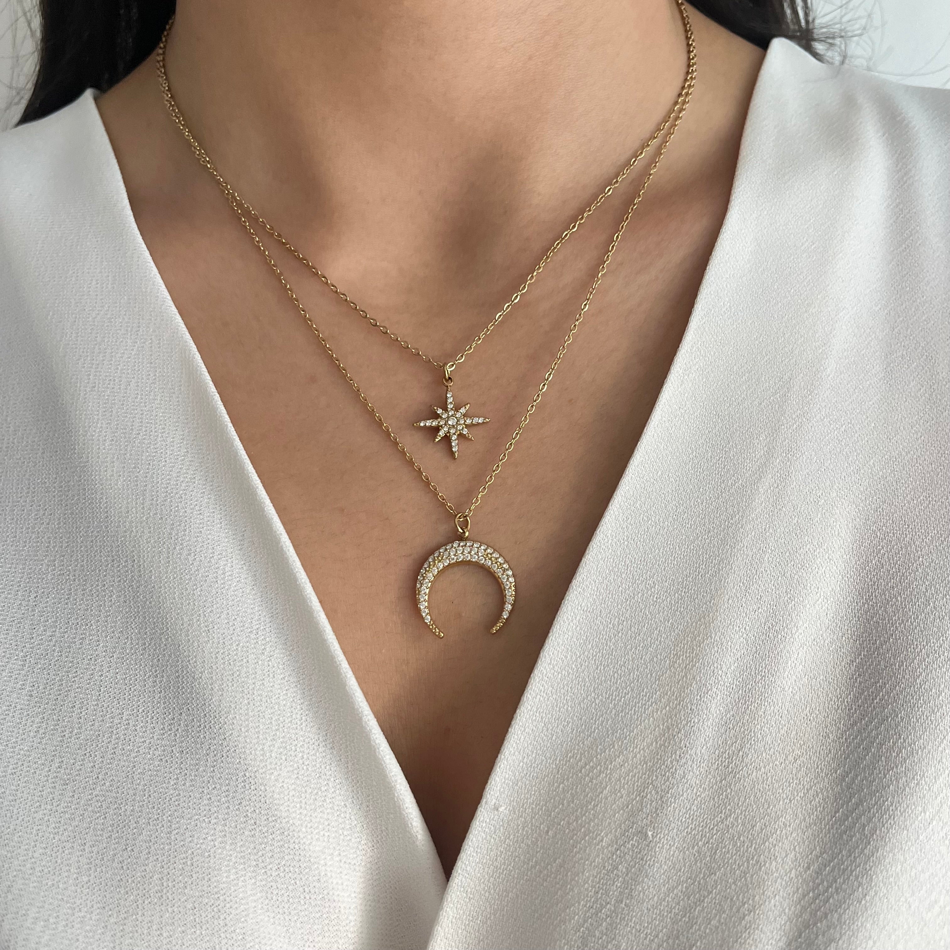 Collier double rang Sibel avec pendentifs étoile et lune en acier inoxydable doré - Ordiajade