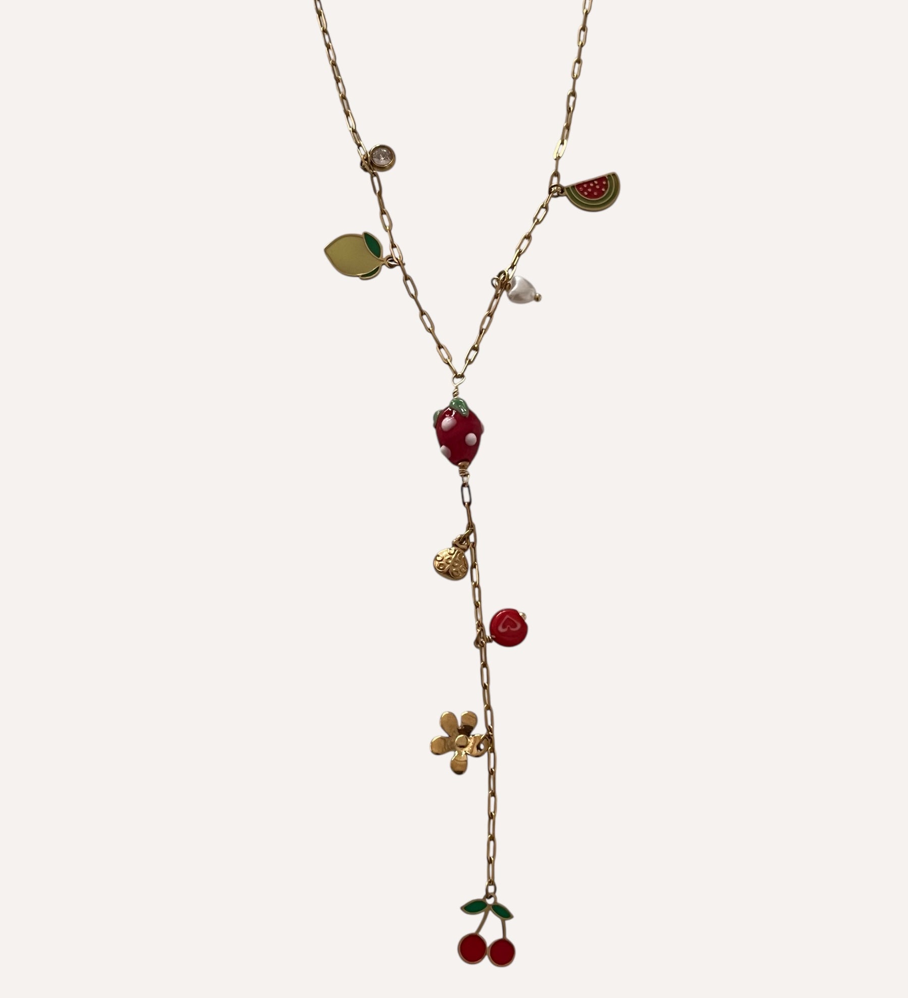 Collier en Y Cerise Fraise à breloques fruits et feuilles dorées - Ordiajade