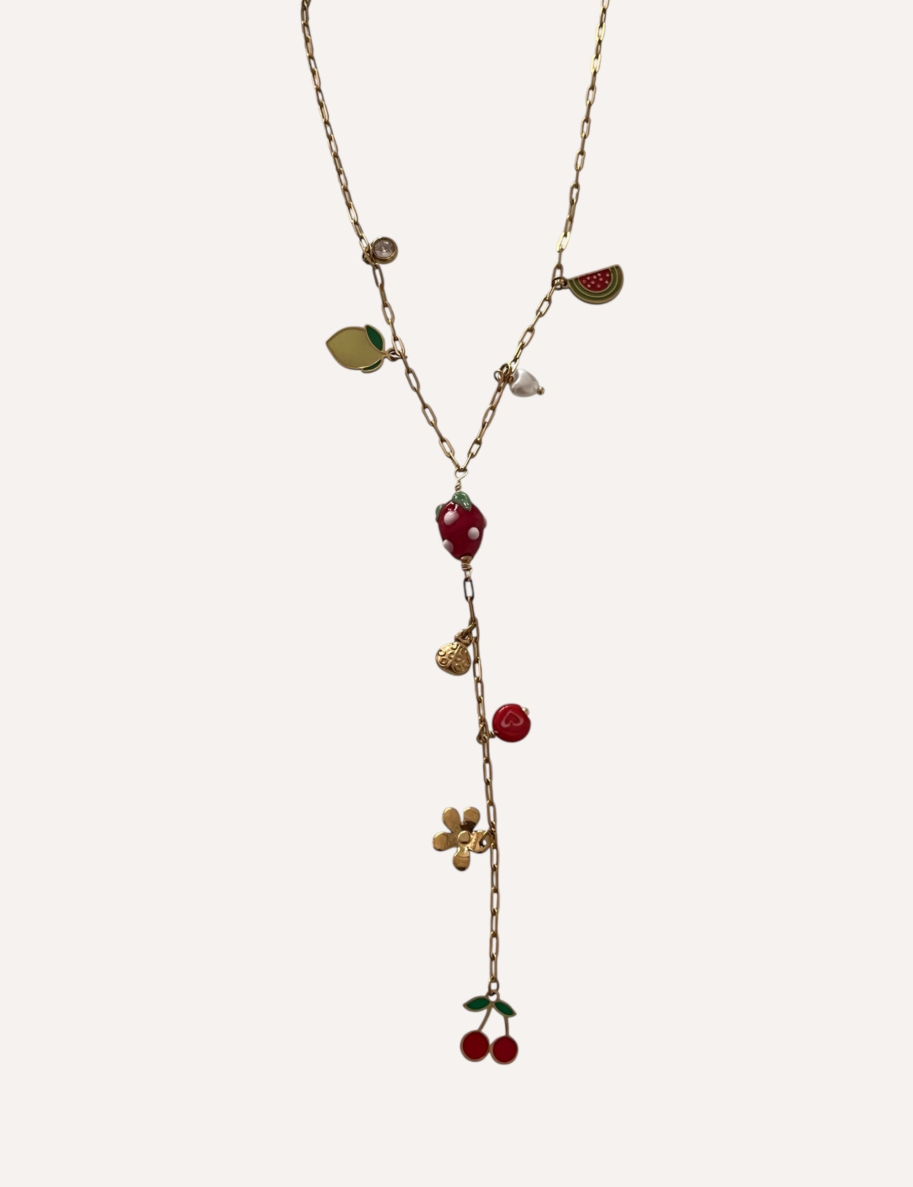 Collier en Y Cerise Fraise à breloques fruits et feuilles dorées - Ordiajade