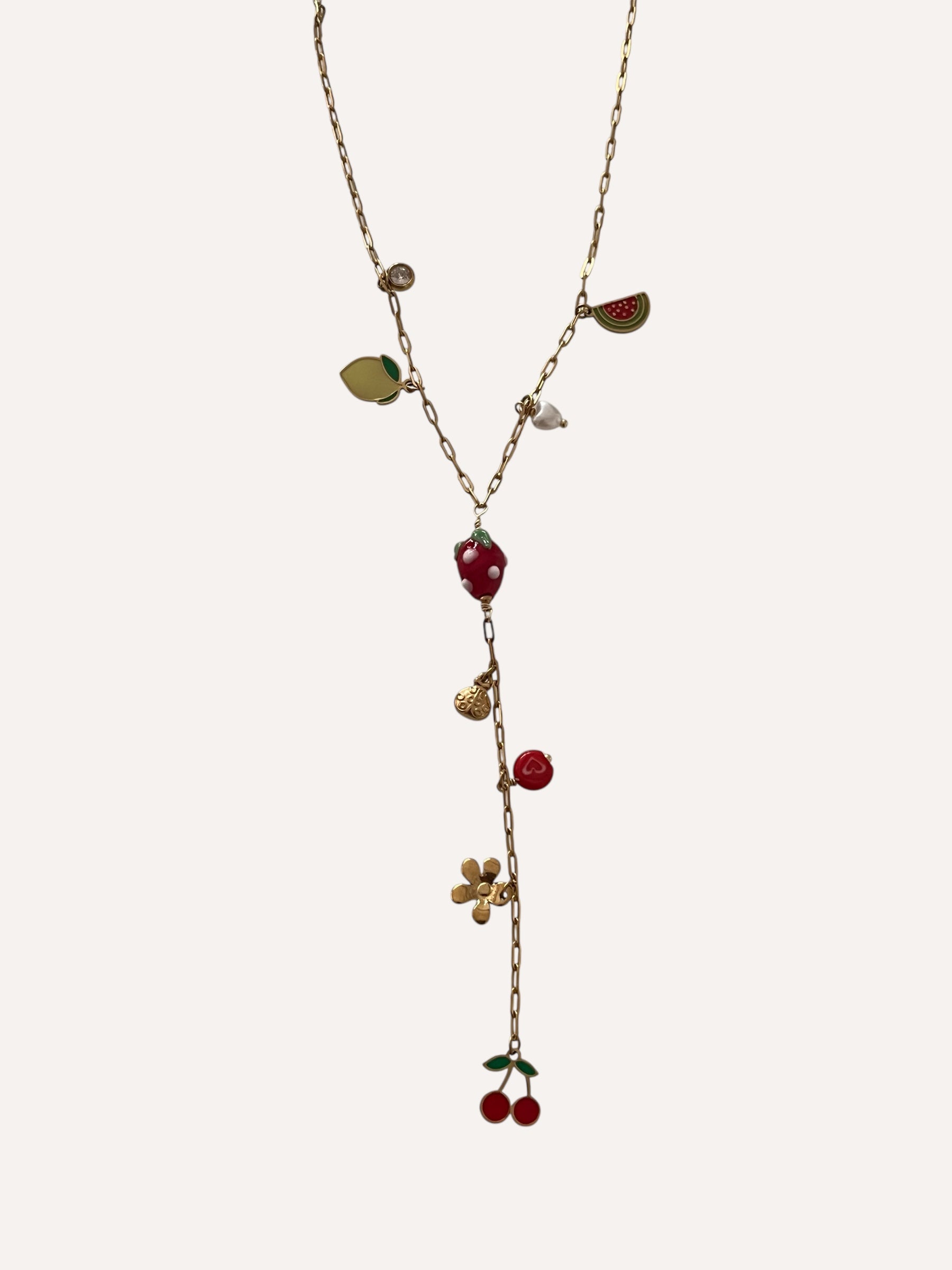 Collier en Y Cerise Fraise à breloques fruits et feuilles dorées - Ordiajade