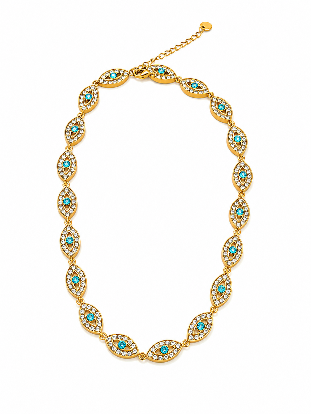 Collier Eye Bleu en acier inoxydable présenté à plat Ordiajade