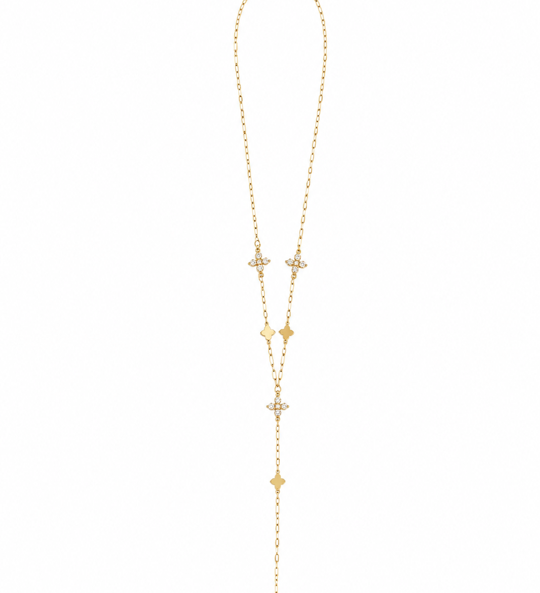 Collier Gia doré étanche avec motifs trèfles présenté à plat sur fond clair Ordiajade