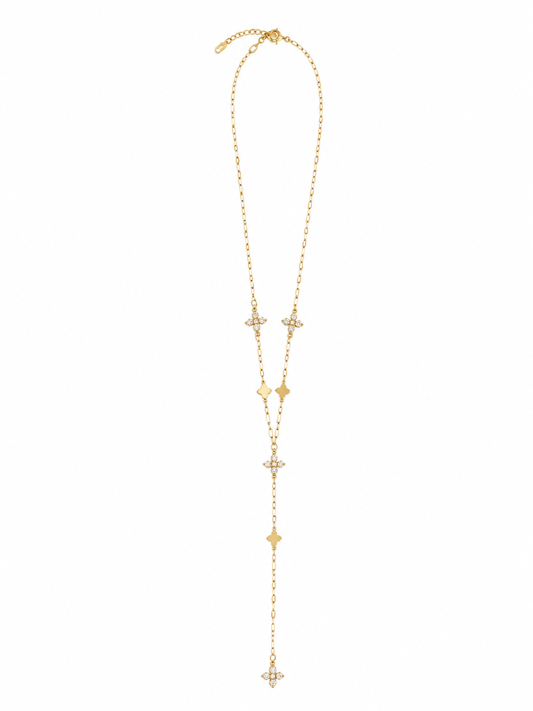 Collier Gia doré étanche avec motifs trèfles présenté à plat sur fond clair Ordiajade