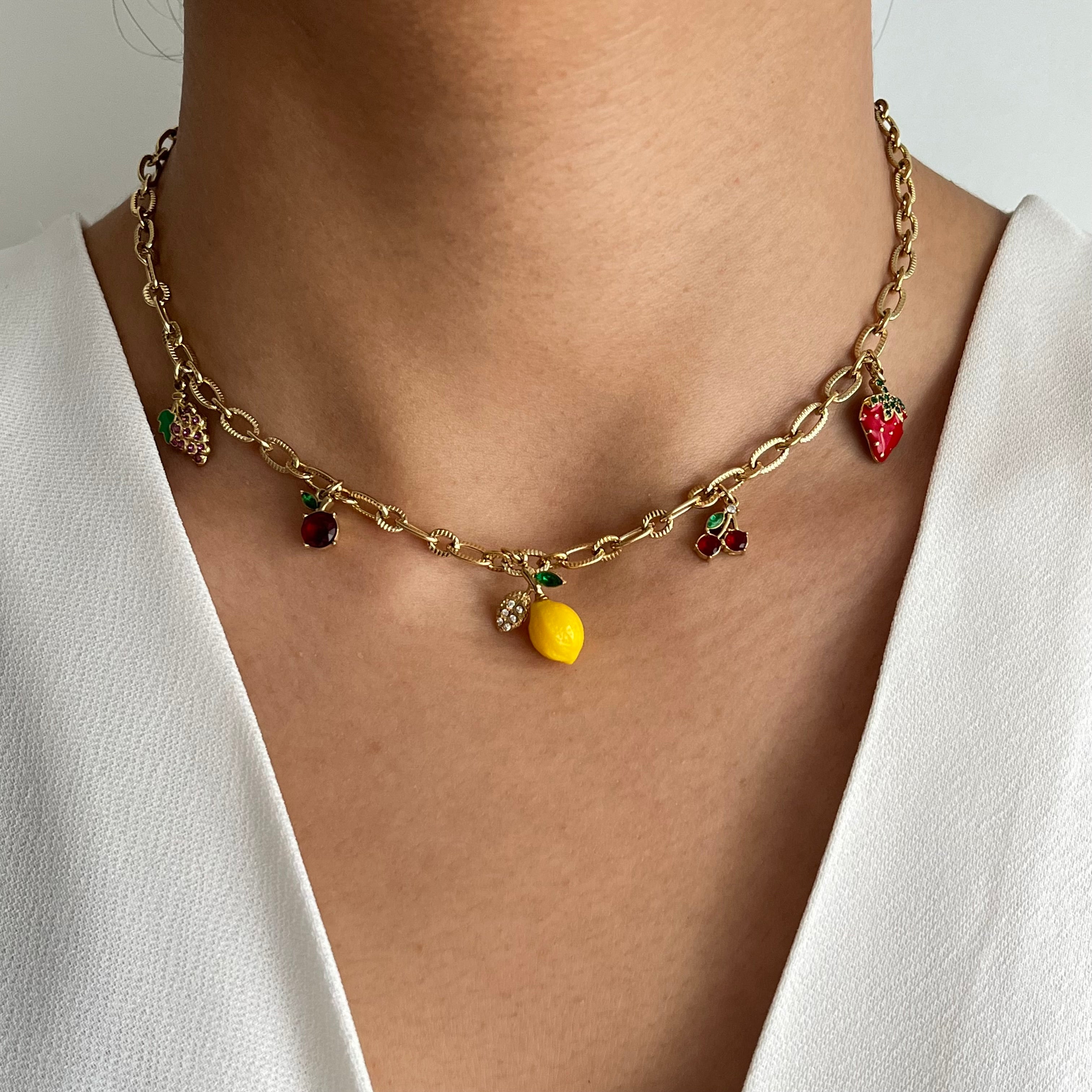 Collier Lima à pampilles citron et fraise en acier inoxydable doré - Ordiajade