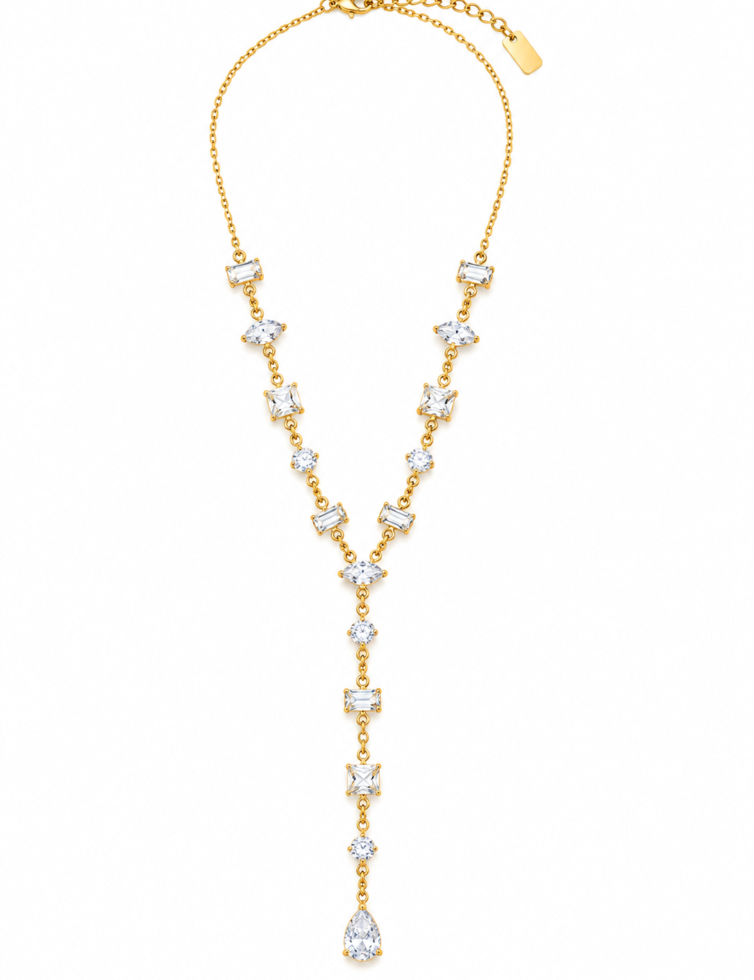 Collier Montaigne doré en Y avec pierres scintillantes et pendentif goutte en acier inoxydable - Ordiajade