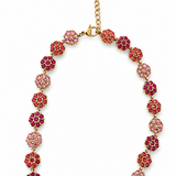 Collier nacri doré en acier inoxydable avec succession de motifs ronds roses posé à plat - Ordiajade 