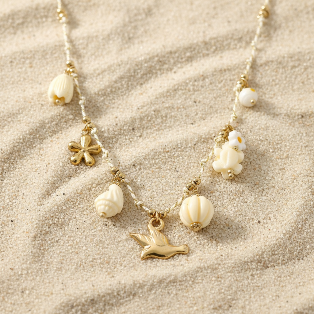 Collier doré oiseau et tortue en acier inoxydable sur fond sable - Ordiajade