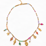 Collier fin doré Sea en acier inoxydable avec pampilles coquillage et étoile de mer posé à plat - Ordiajade