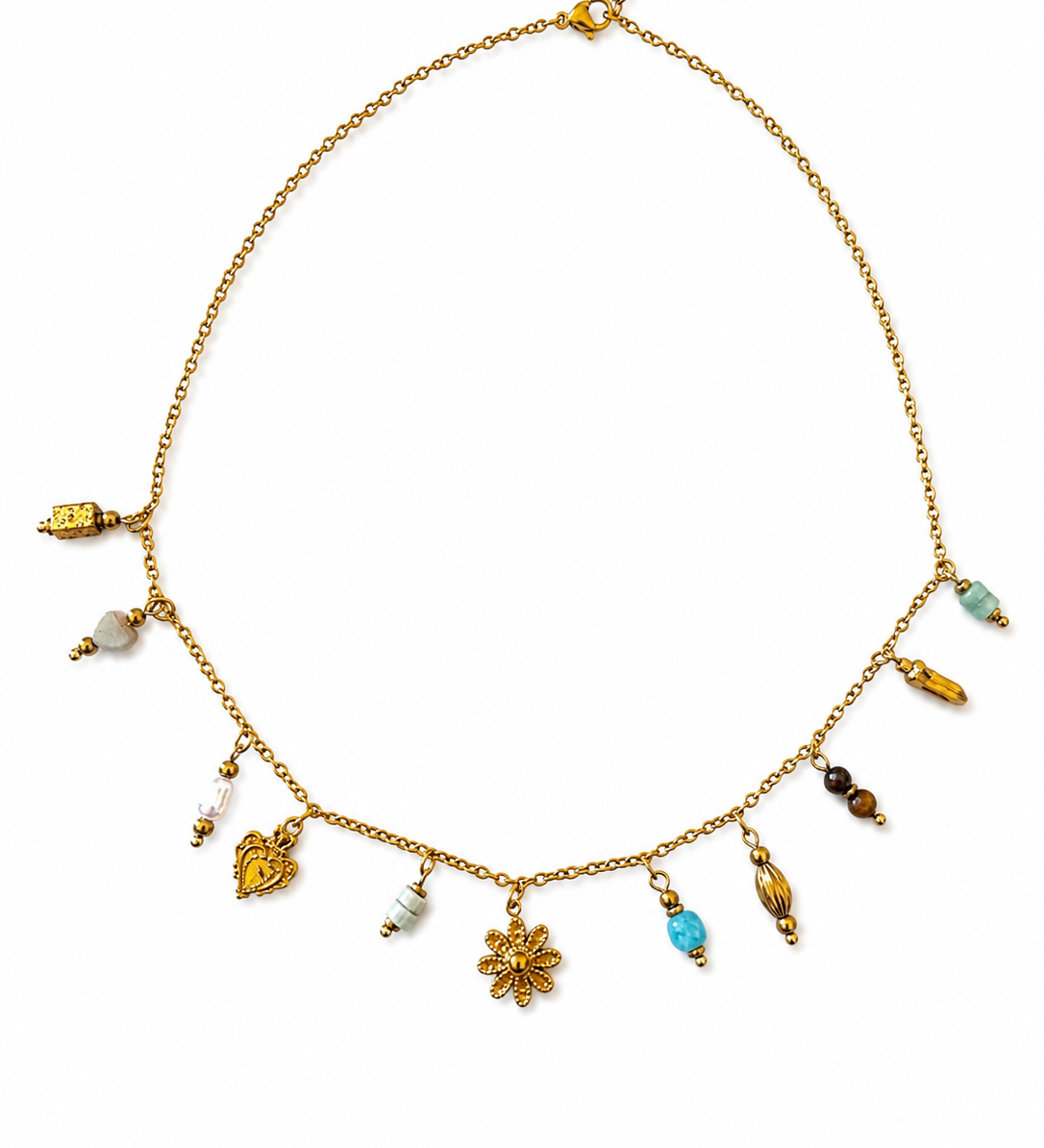 Collier fin doré Jade en acier inoxydable orné de breloques suspendues et petites pierres naturelles bleues posé à plat - Ordiajade