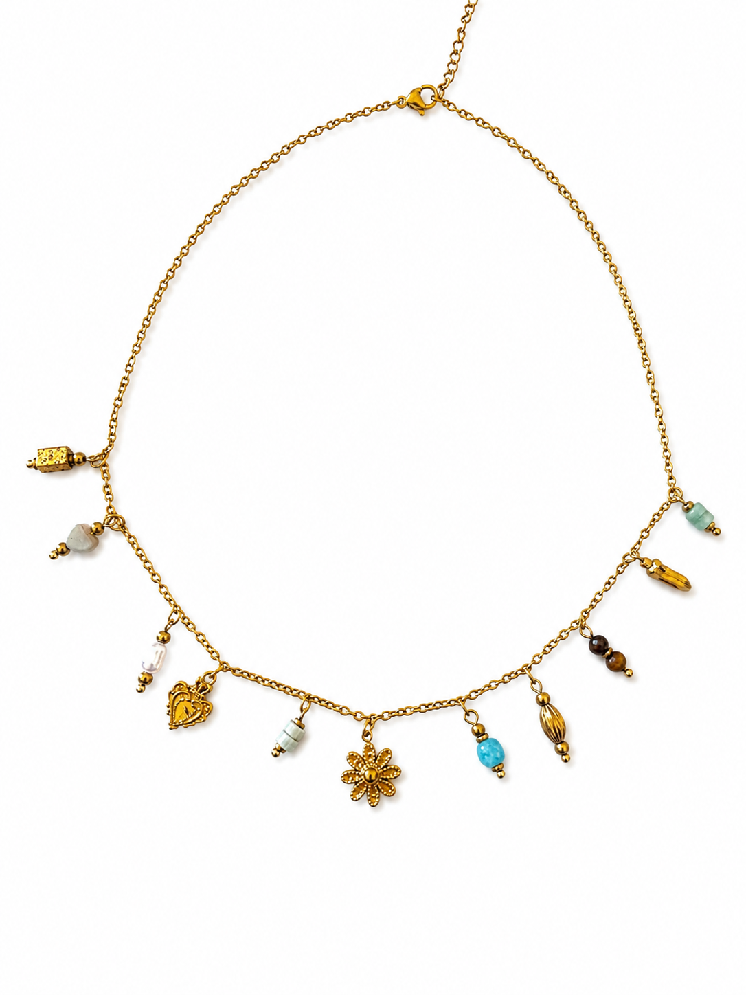 Collier fin doré Jade en acier inoxydable orné de breloques suspendues et petites pierres naturelles bleues posé à plat - Ordiajade