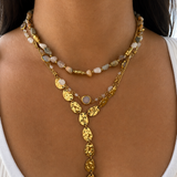 Accumulation de colliers dorés et chaînes en acier inoxydable avec le collier Perle de style bohème chic - Ordiajade