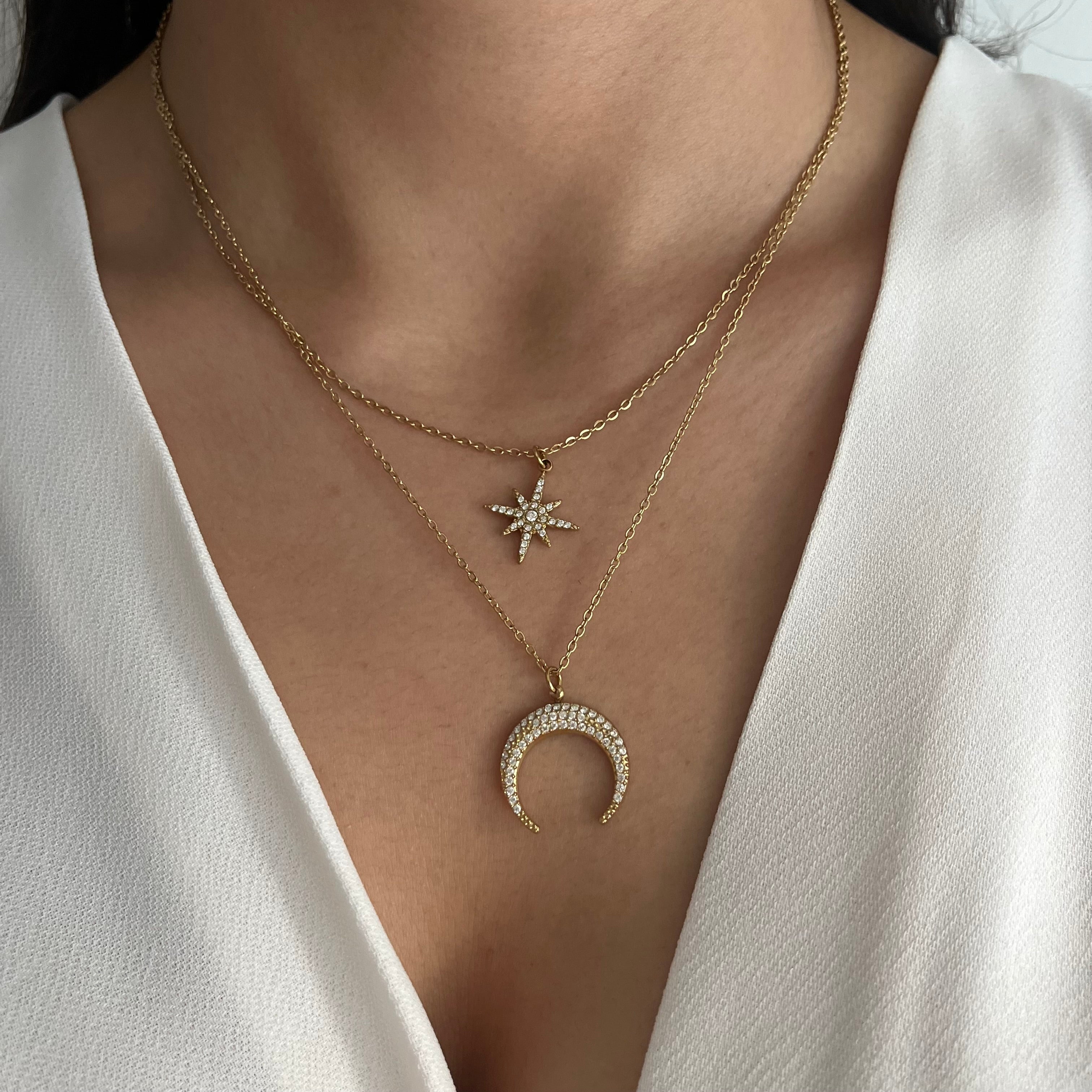Collier Sibel porté à deux rangs motif céleste lune et étoile doré - Ordiajade
