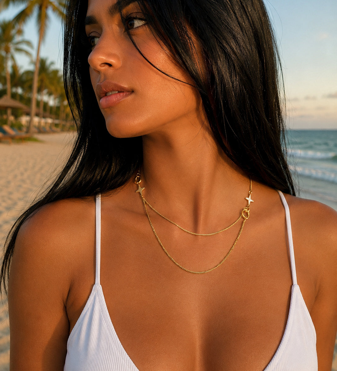 Collier céleste multirangs Stars Green en acier inoxydable argenté avec étoiles asymétriques porté en extérieur au soleil - Ordiajade