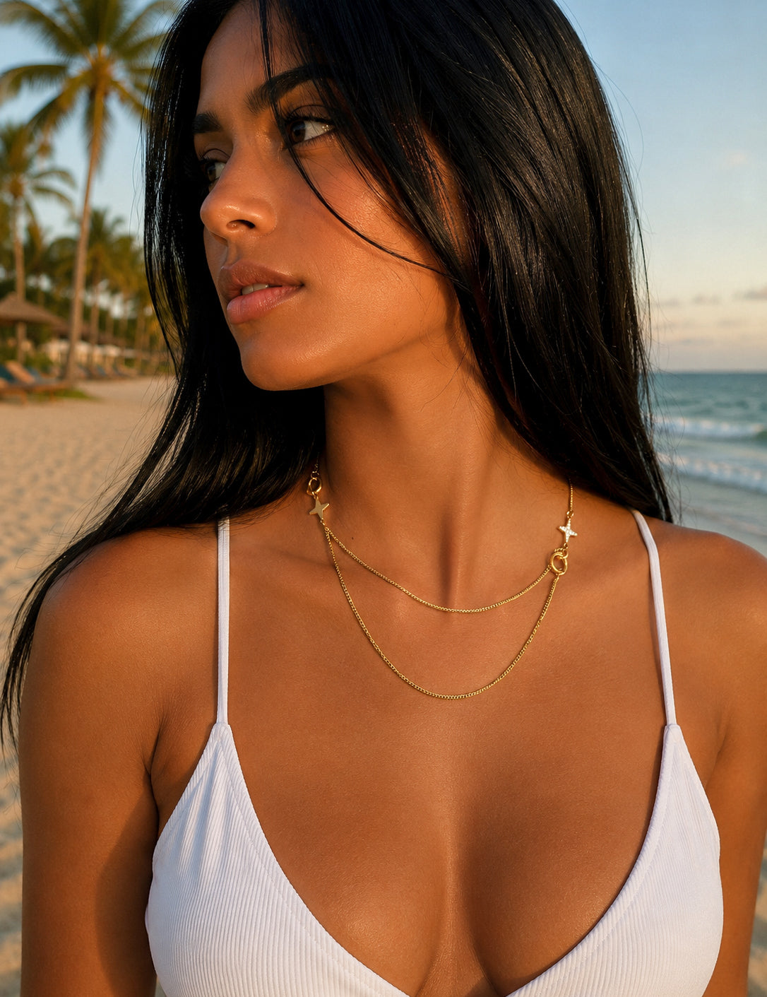 Collier céleste multirangs Stars Green en acier inoxydable argenté avec étoiles asymétriques porté en extérieur au soleil - Ordiajade