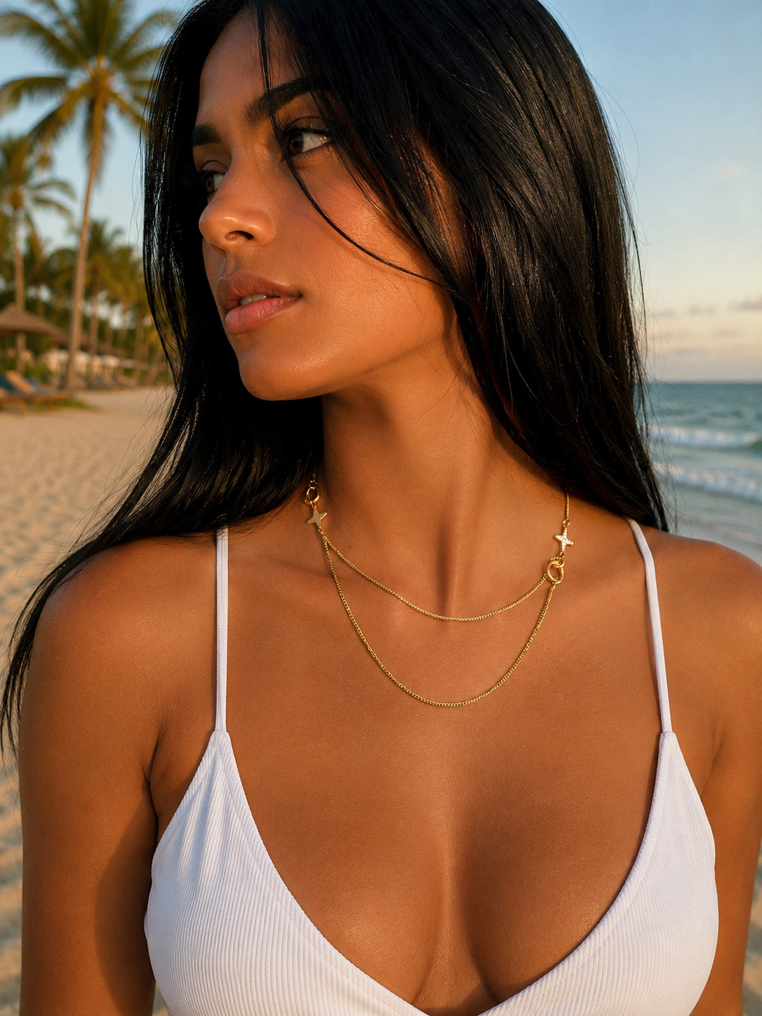 Collier céleste multirangs Stars Green en acier inoxydable argenté avec étoiles asymétriques porté en extérieur au soleil - Ordiajade
